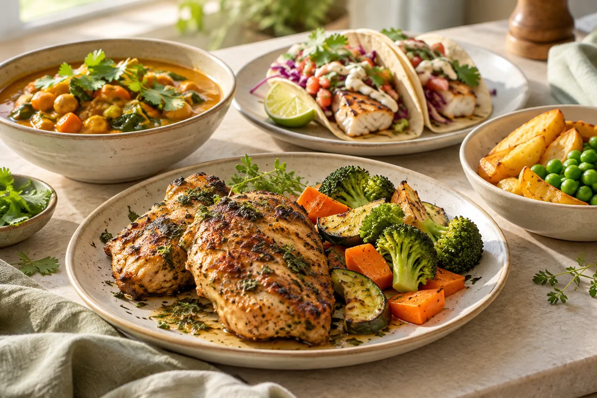 Herb chicken, vegetable curry, fish tacos and separate children’s sides.