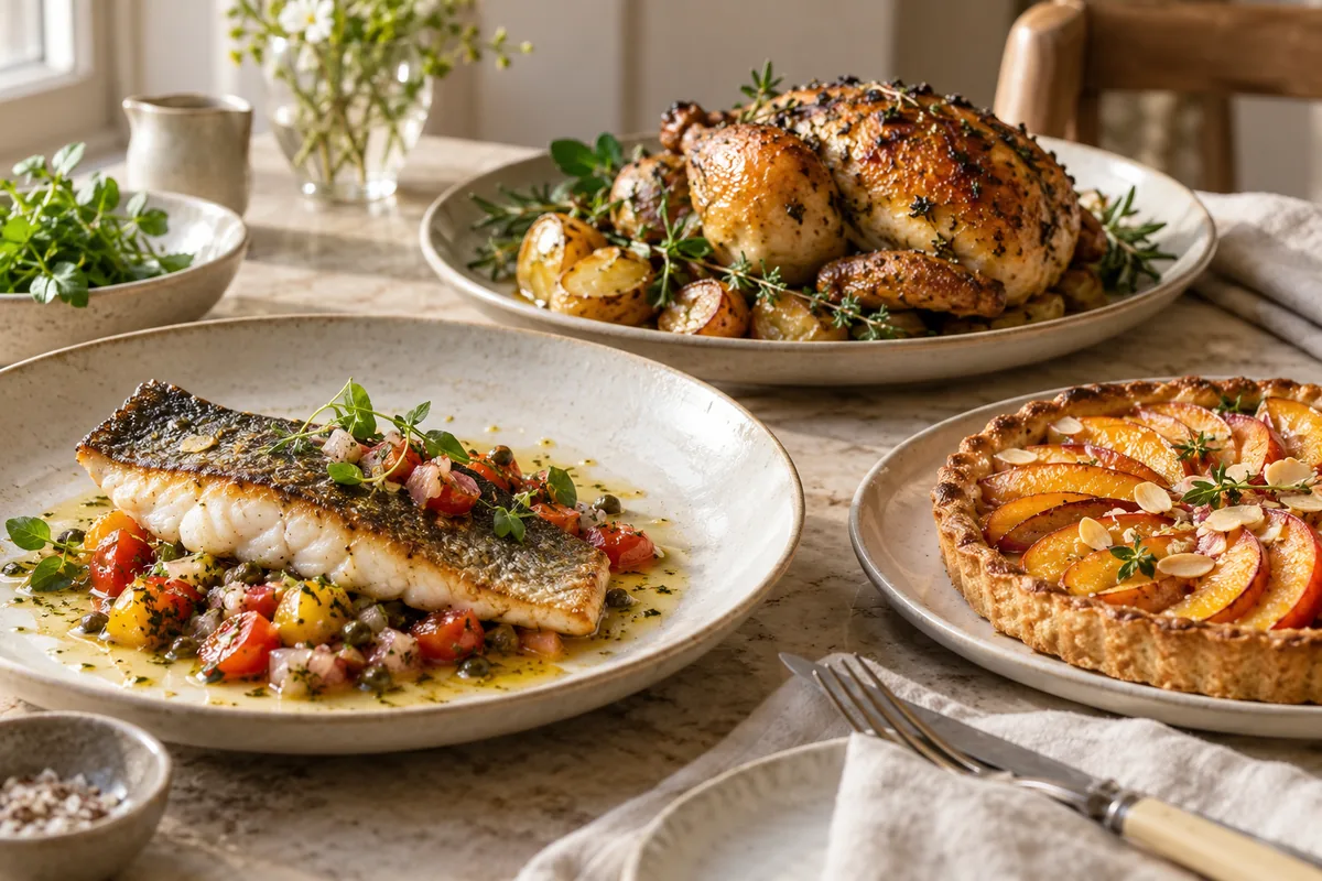 Seabass with sauce vierge, roast poultry, seasonal tart and fruit desserts.