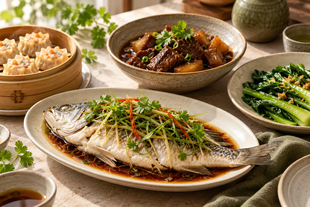 Cantonese steamed fish, dumplings, braised beef and seasonal vegetables.