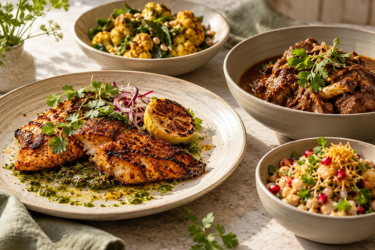 Tandoori fish, refined chaat, slow-cooked lamb and seasonal vegetarian courses.