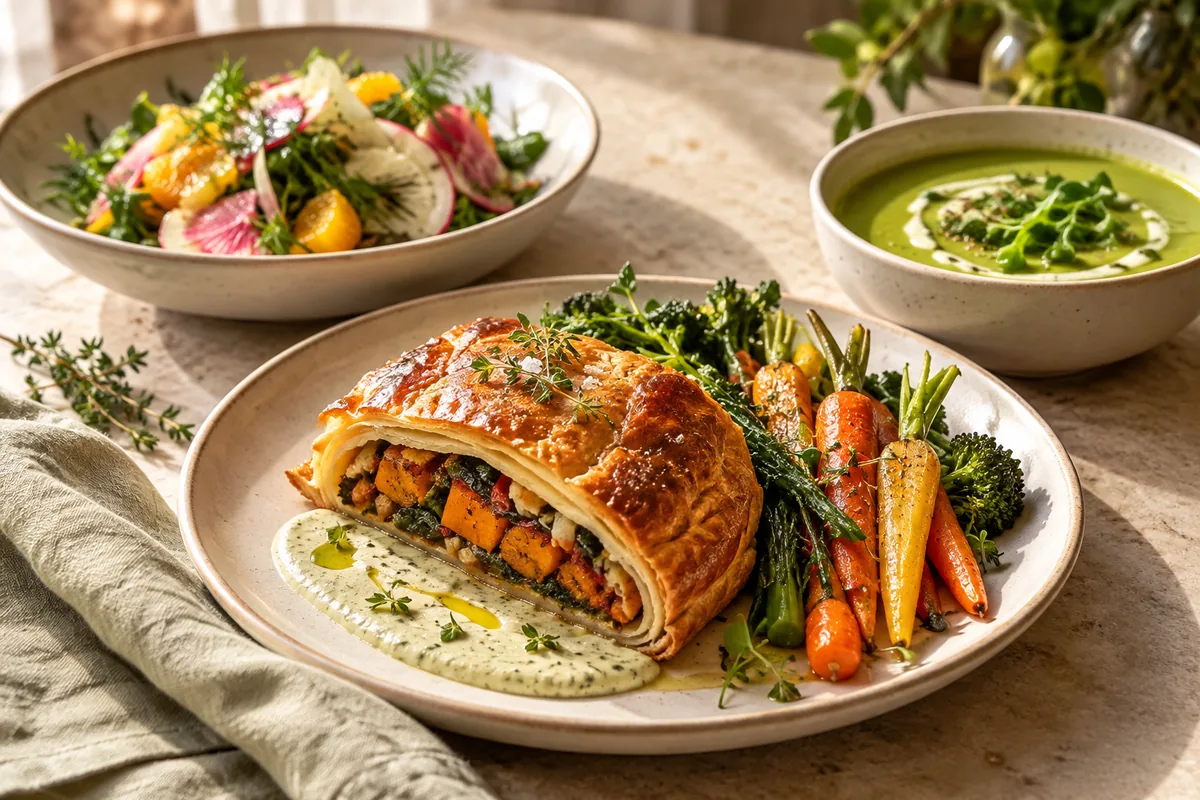 Mushroom-free vegetable wellington, nut-free sauces where required and seasonal tasting dishes.
