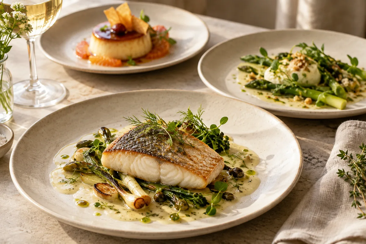 Seasonal tasting courses, precise fish cookery, sauces and restrained plated desserts.