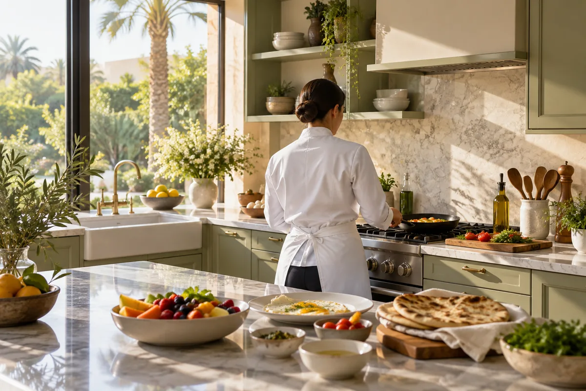 Chef preparing breakfast in a bright family kitchen