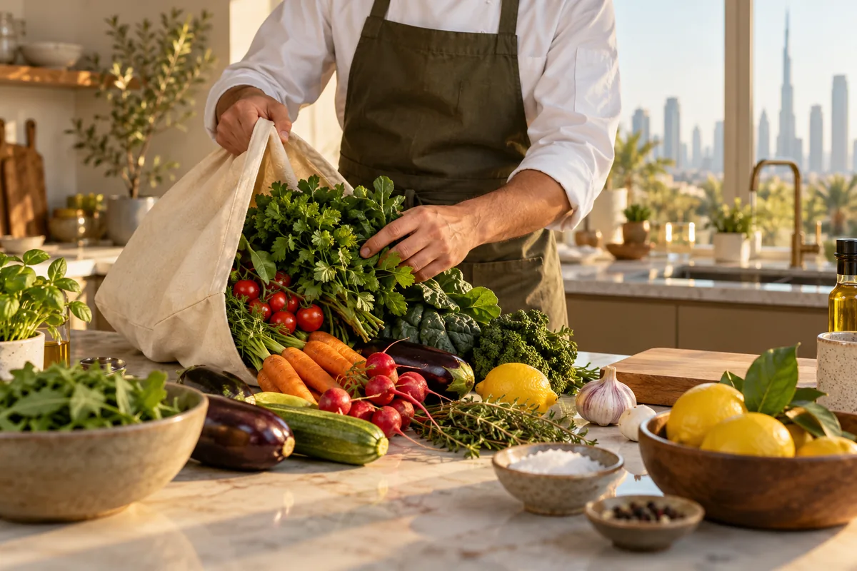 Chef unpacking fresh ingredients for a household cooking day