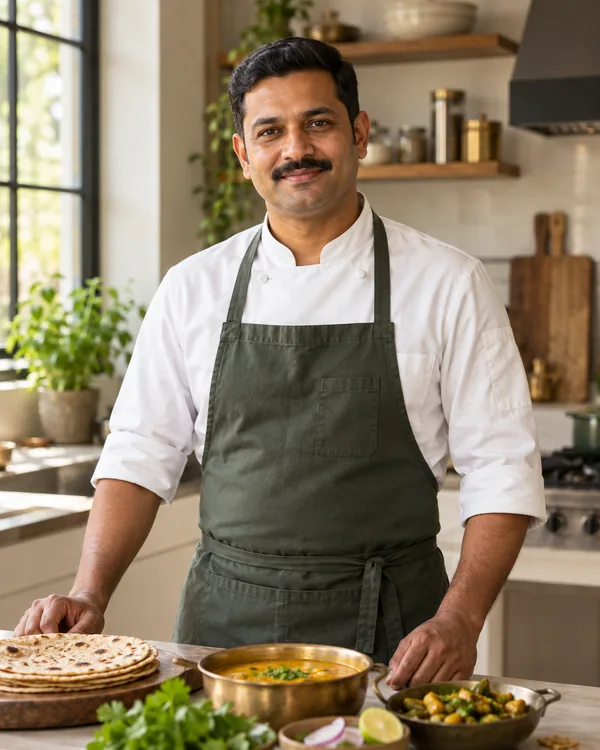 Chef-style portrait for North Indian Home Cooking Chef in a private household kitchen