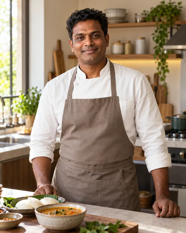 Chef-style portrait for South Indian Vegetarian Chef in a private household kitchen