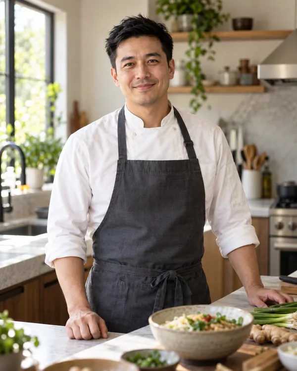 Chef-style portrait for Asian Everyday Cooking Chef in a private household kitchen