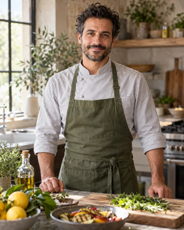 Chef-style portrait for Mediterranean Household Chef in a private household kitchen