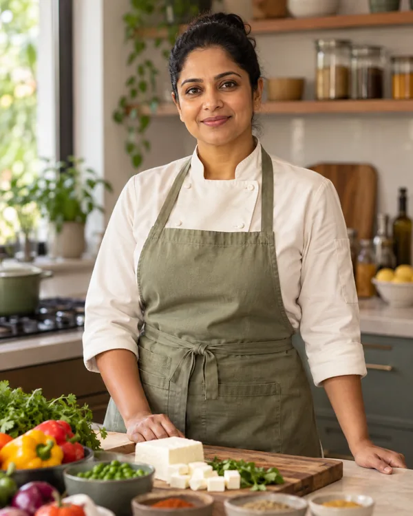 Chef-style portrait for Indian Vegetarian Specialist in a private household kitchen