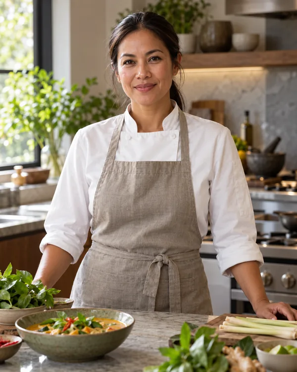 Chef-style portrait for Thai and Southeast Asian Chef in a private household kitchen