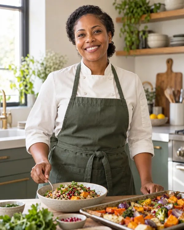 Chef-style portrait for Plant Forward Family Chef in a private household kitchen
