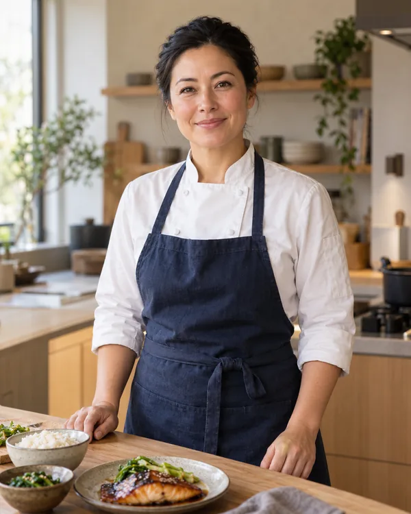 Chef-style portrait for Japanese Contemporary Home Chef in a private household kitchen