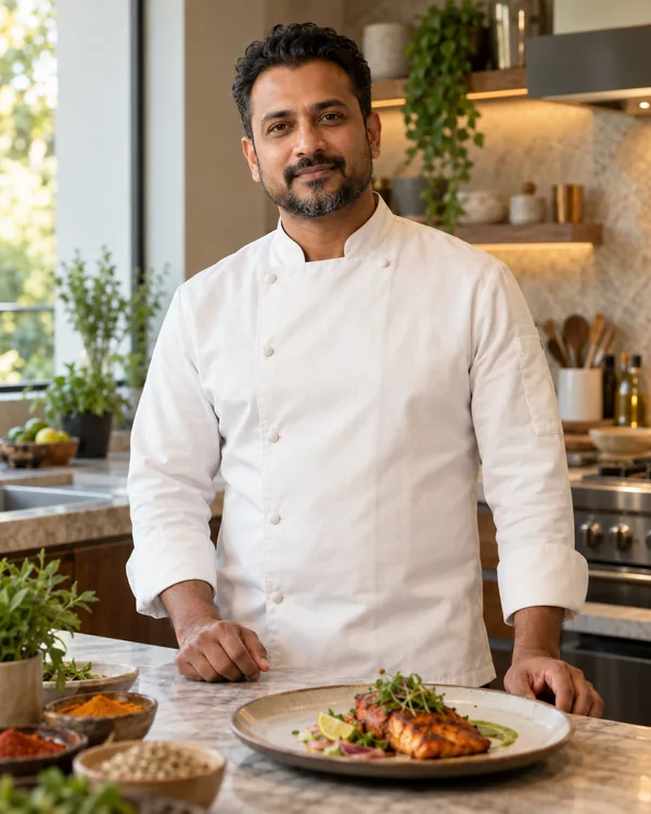 Chef-style portrait for Modern Indian Private Chef in a private household kitchen