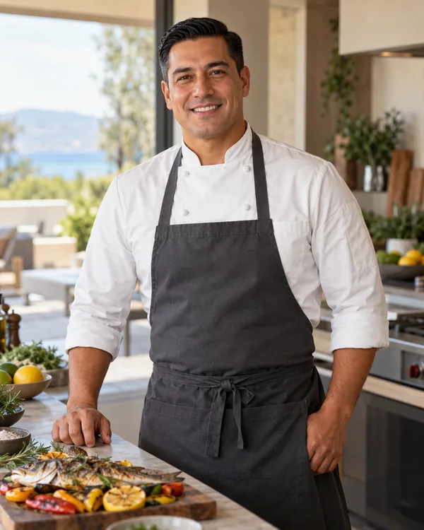 Chef-style portrait for Latin and Mediterranean Private Chef in a private household kitchen