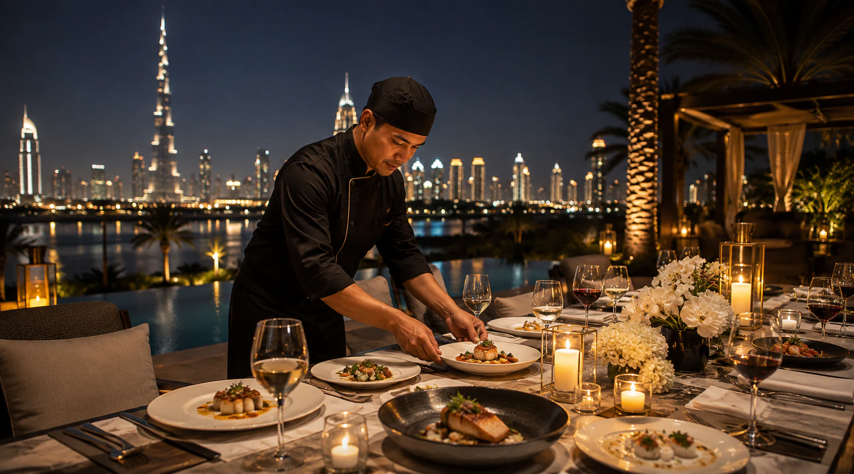 A chef-led dinner being served to guests in a Dubai residence. Experience concept shown.