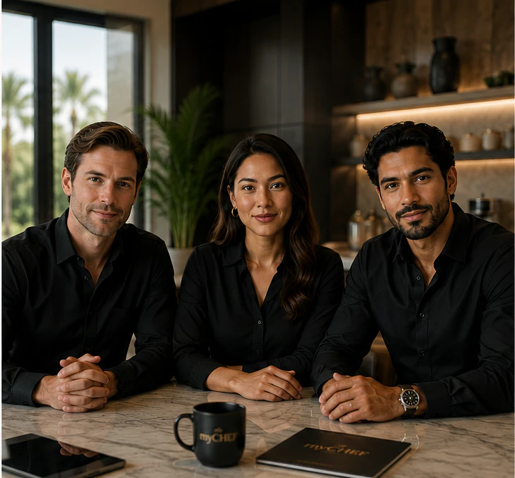 David, Shasmin and Greg — myCHEF household managers — at a marble kitchen island in a Dubai villa