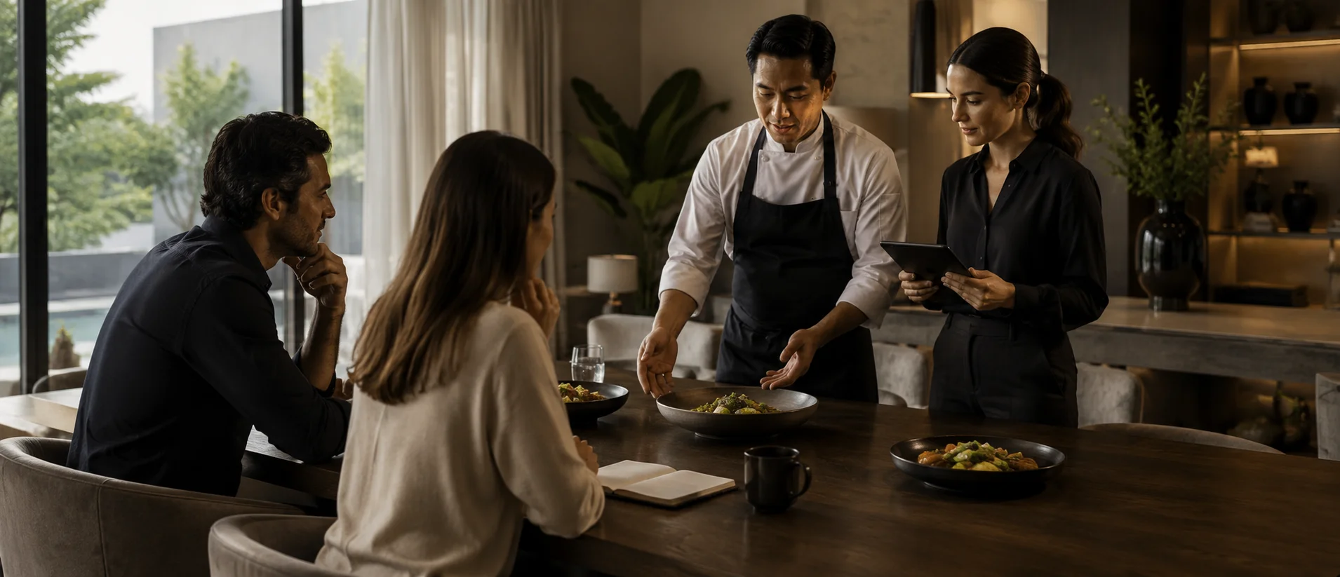 A household sitting with a myCHEF coordinator in a Dubai villa. Experience concept shown.