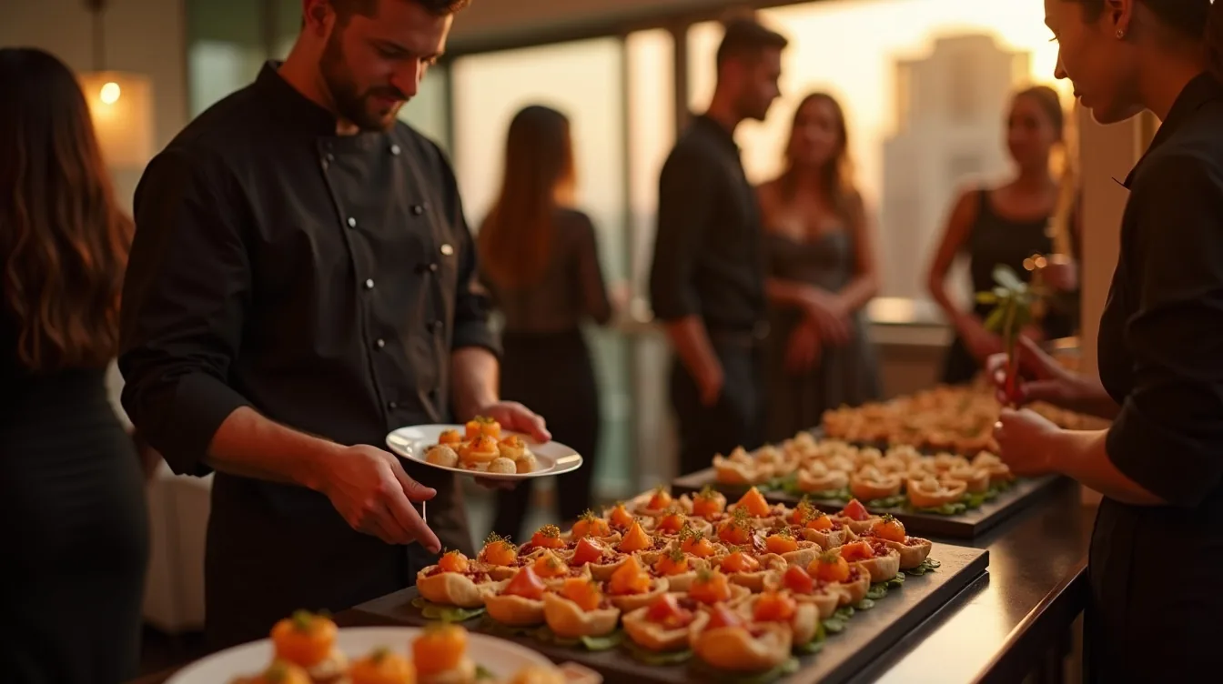 A private party in a Dubai villa garden — standing guests, passed food, warm lighting. Experience concept shown.