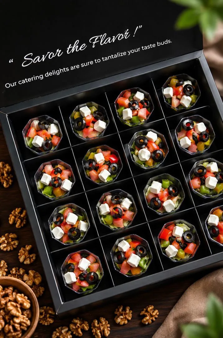 Black presentation box with assorted bite-sized canapés.