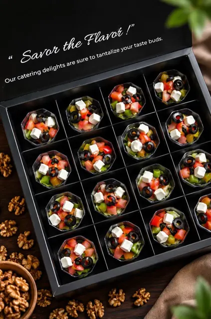 Black presentation box with assorted bite-sized canapés.