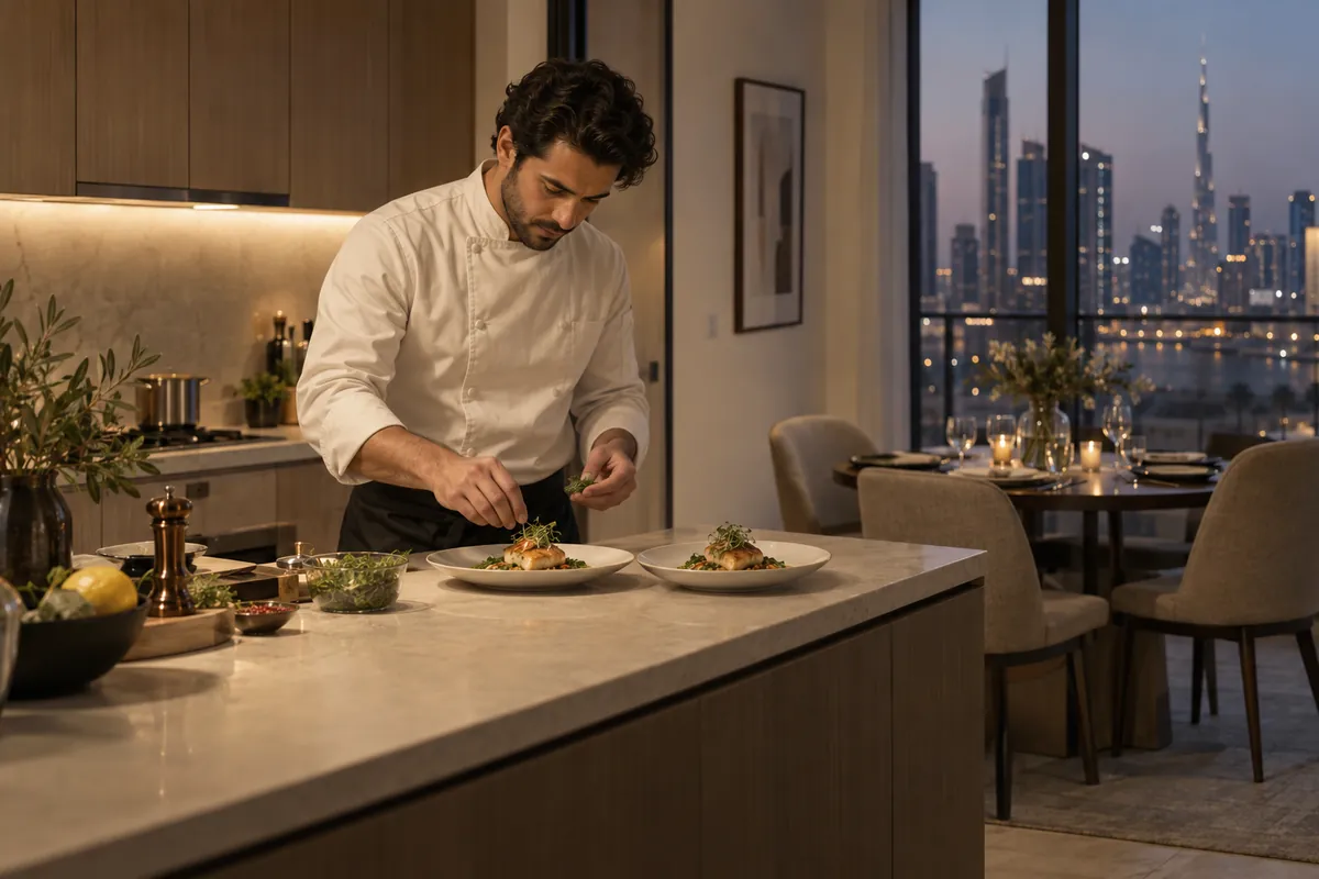 Chef preparing dinner in a compact contemporary apartment kitchen