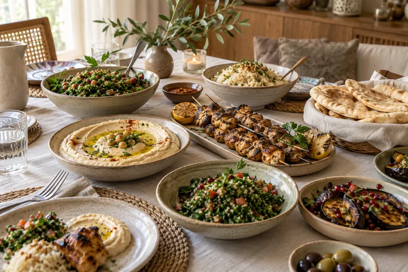 A Middle Eastern sharing table with mezze, chicken skewers and flatbread