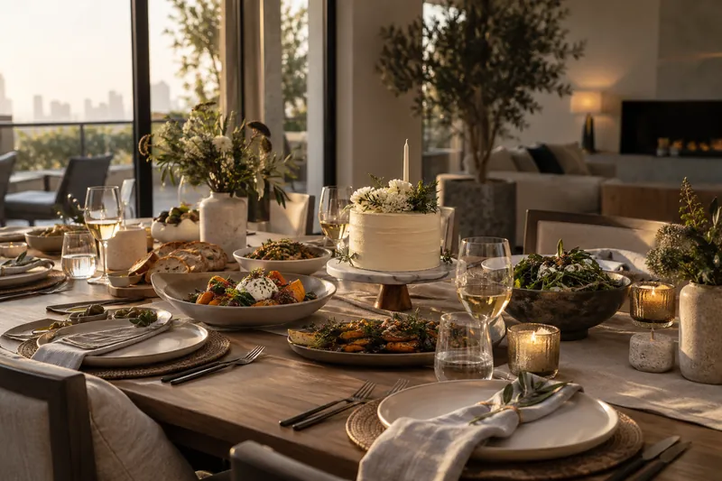 An elegant birthday dinner table with a small cake and fresh flowers
