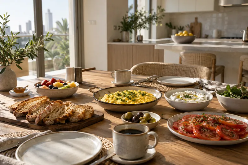 Fresh breakfast dishes being served in a bright family kitchen