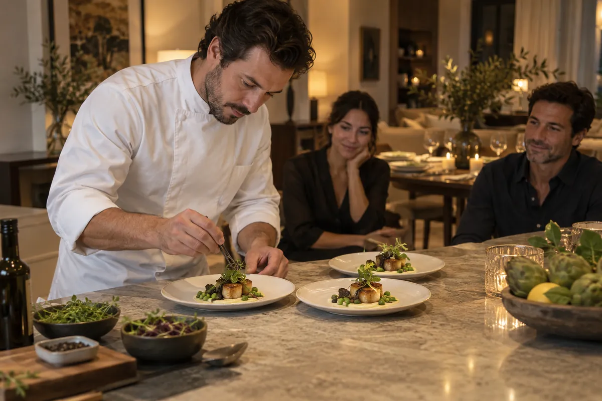 A chef finishing tasting plates as guests watch from the dining table