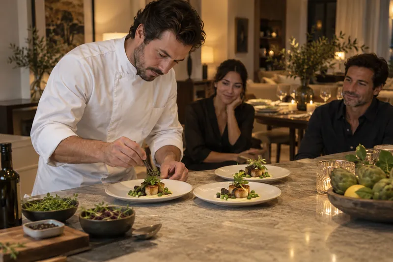 A chef finishing tasting plates as guests watch from the dining table