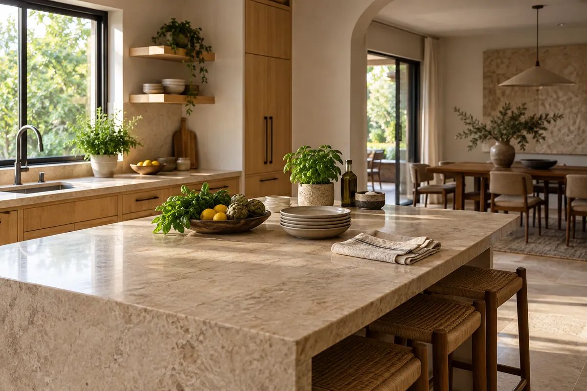 An orderly home kitchen with clean crockery and a folded linen cloth