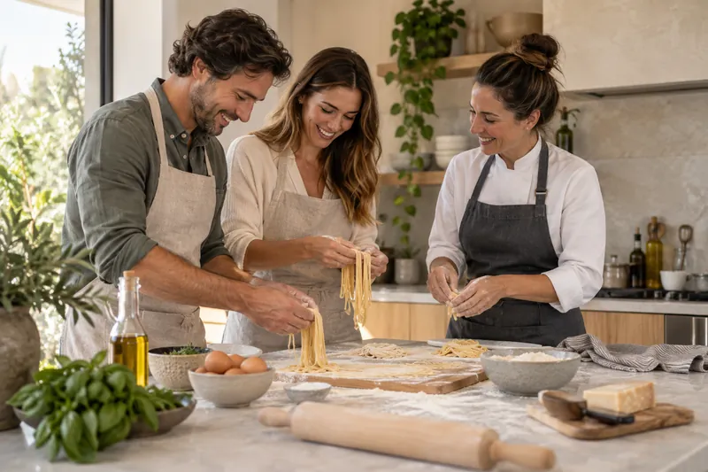 Chef guiding a guest through fresh pasta preparation at home