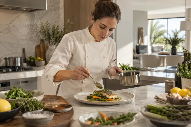 Chef carefully finishing a fish dish with sauce and seasonal vegetables