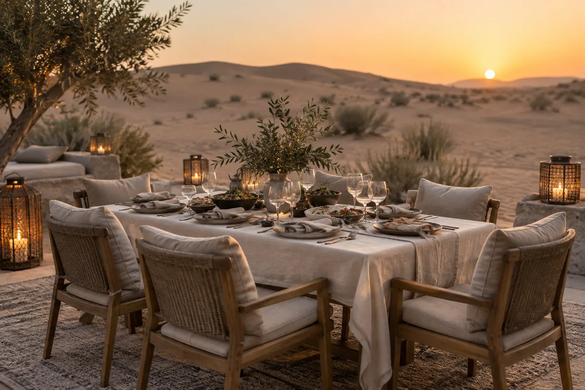 A beautifully set dinner table beside desert dunes at sunset