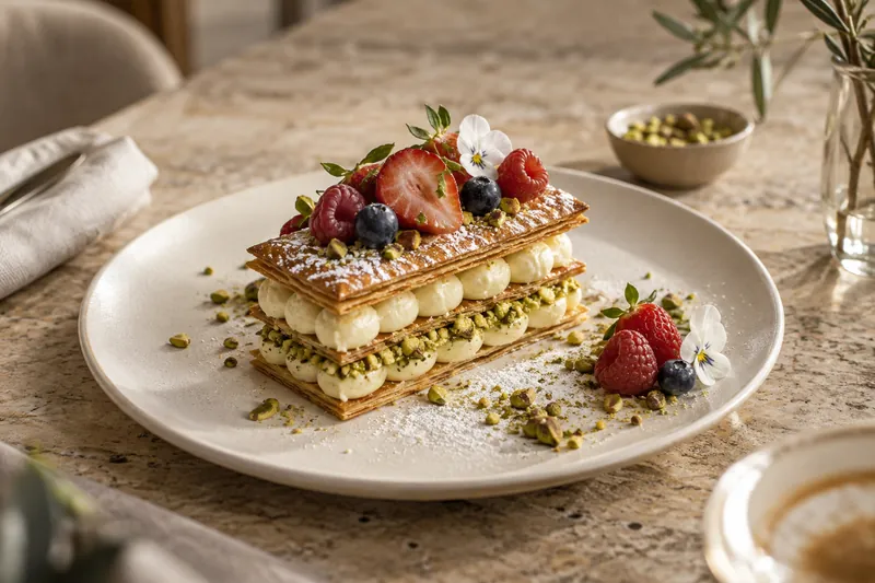 Vanilla and pistachio mille-feuille with berries on an ivory plate