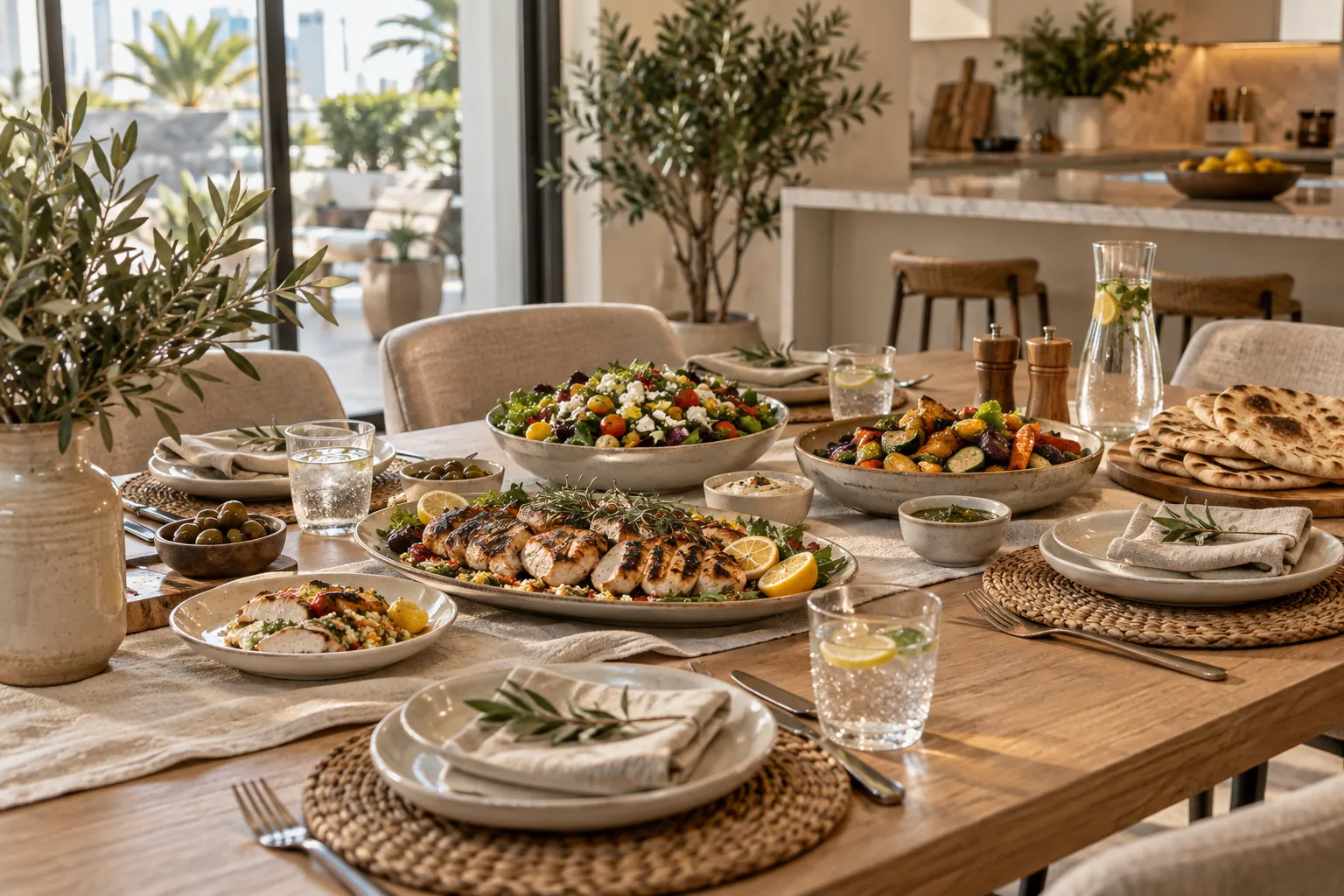 A family-style meal arranged on a bright dining table