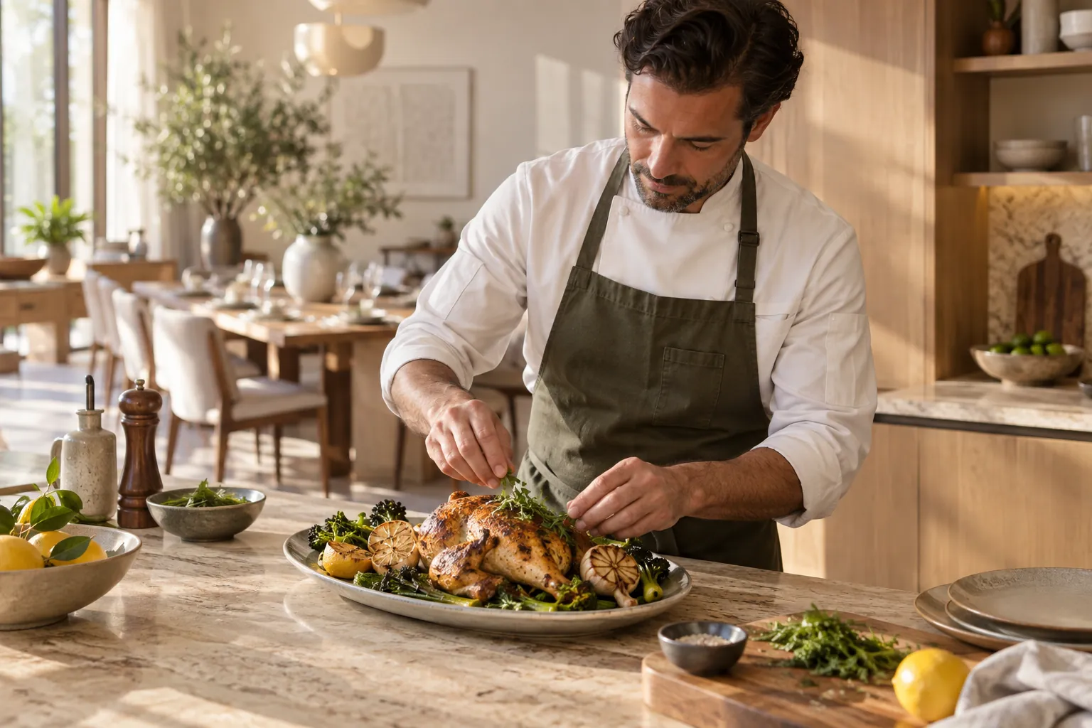 A chef preparing a meal in a domestic kitchen