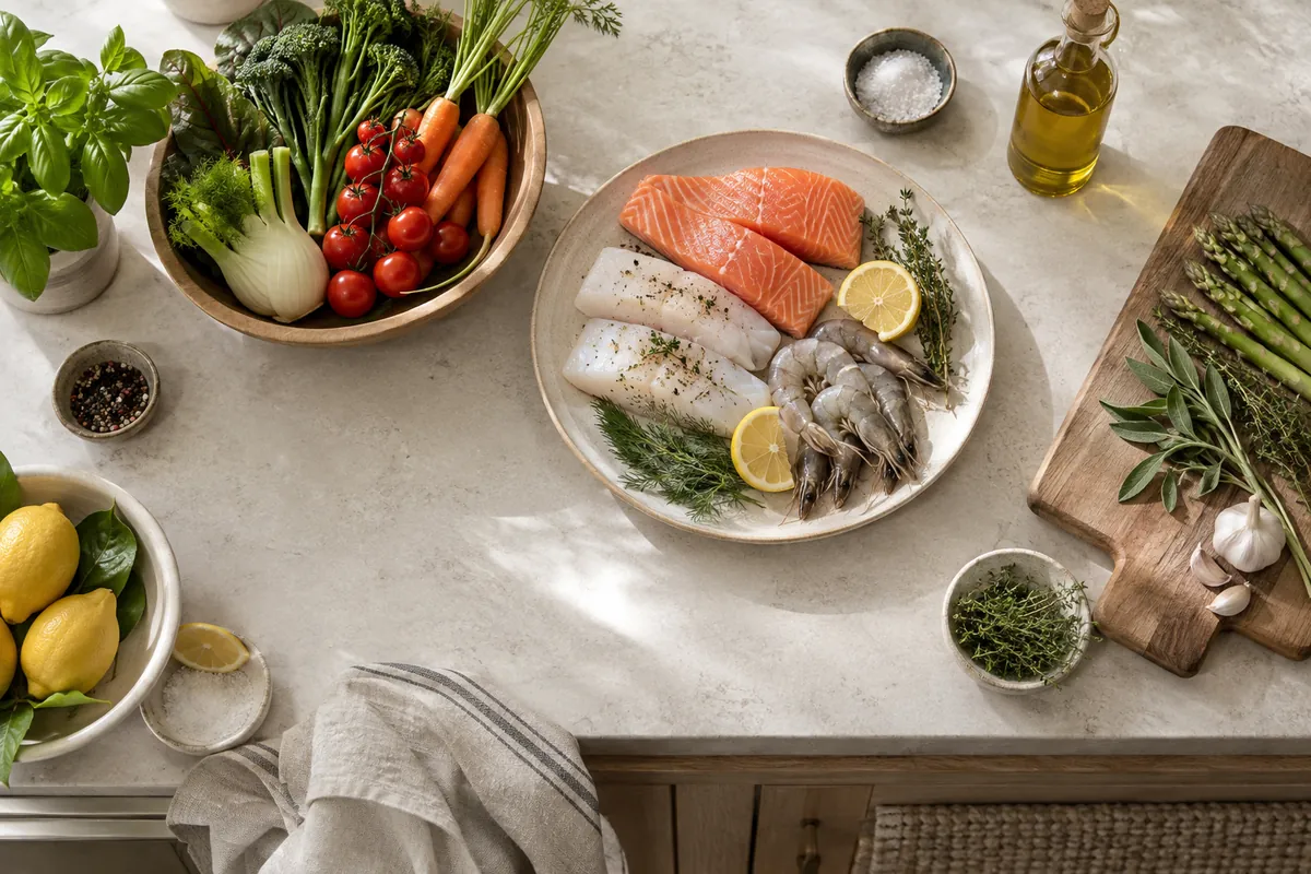 Fresh seasonal vegetables, herbs and pantry ingredients on a kitchen island