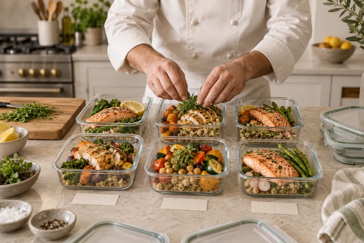 Freshly cooked meals portioned into glass containers in a home kitchen