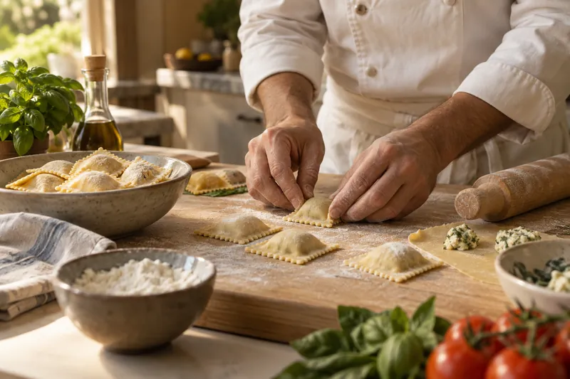 Fresh ravioli being folded by hand on a wooden kitchen board