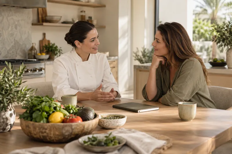 Chef and homeowner discussing a weekly menu at the kitchen table