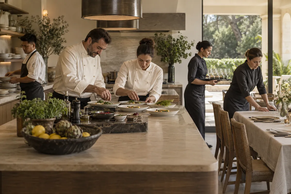 Culinary and service team preparing a villa dinner