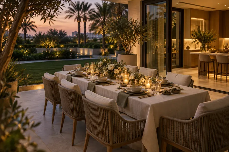 An intimate dinner table on a villa terrace at dusk