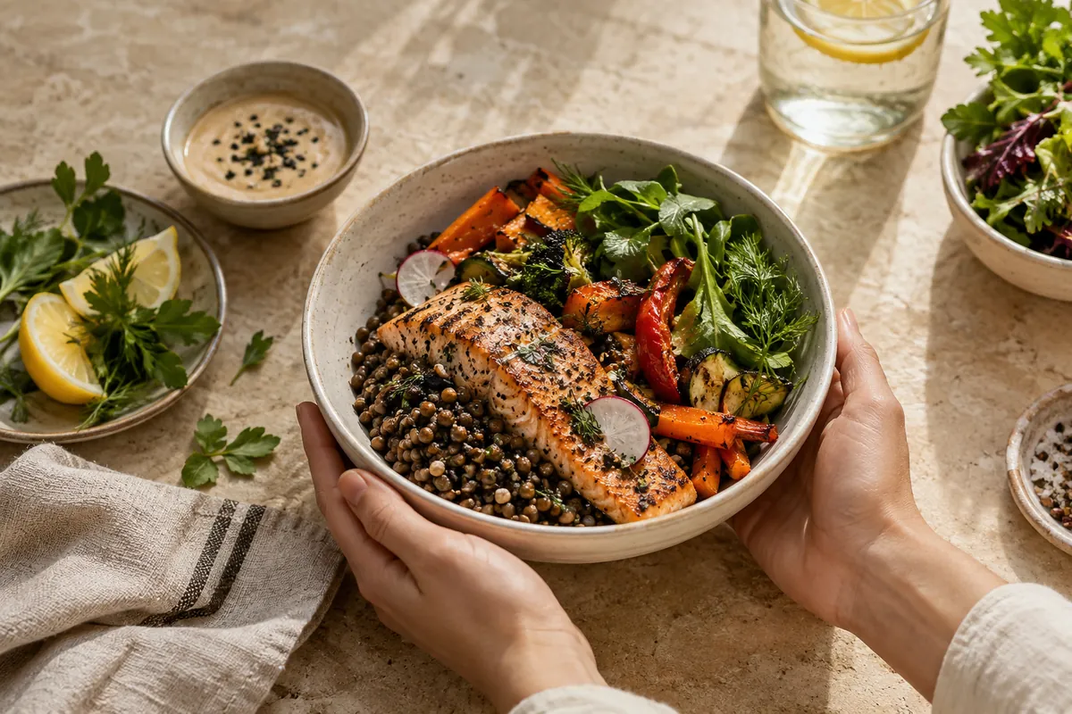 A bowl of vegetables, grains and a prepared main course