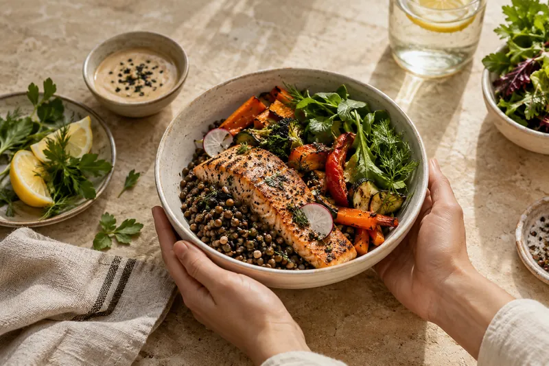 Salmon, lentils and colourful vegetables served in a ceramic bowl