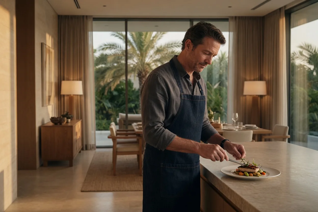 Experienced private chef calmly plating a precise dish in a contemporary Dubai villa kitchen