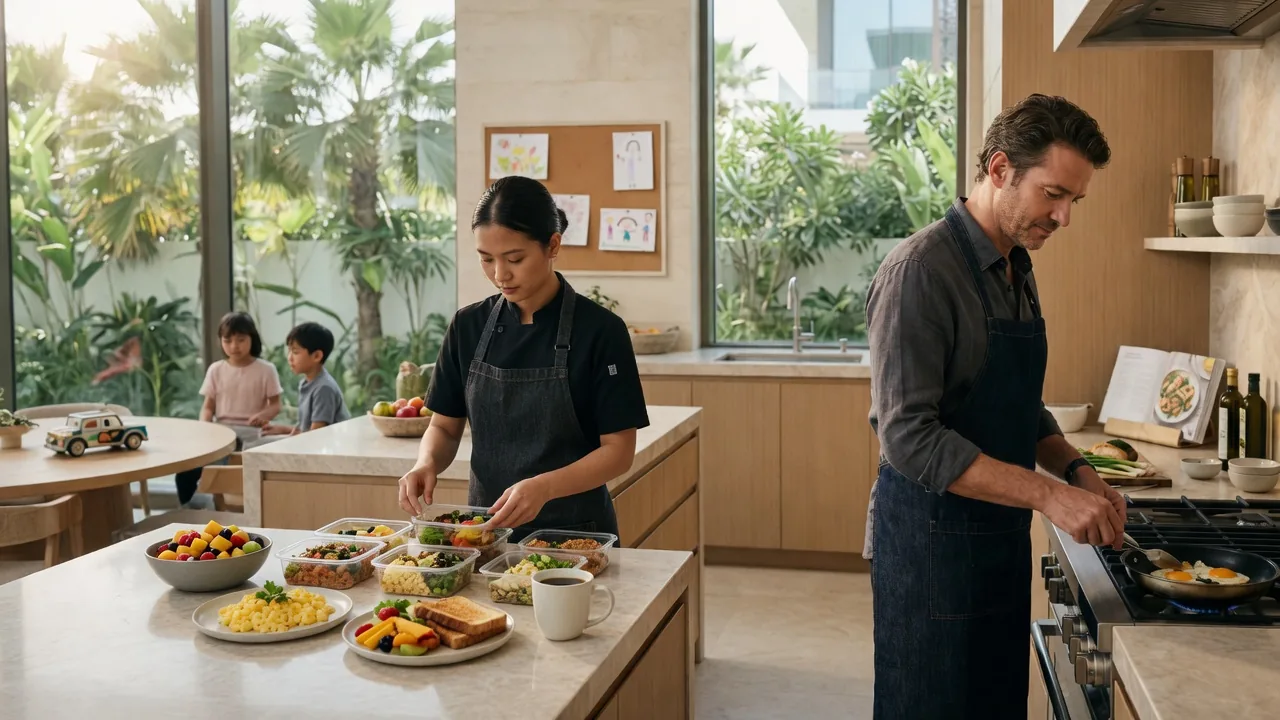 Private chef cooking breakfast while an assistant packs meal containers in a Dubai villa kitchen, family life in the background