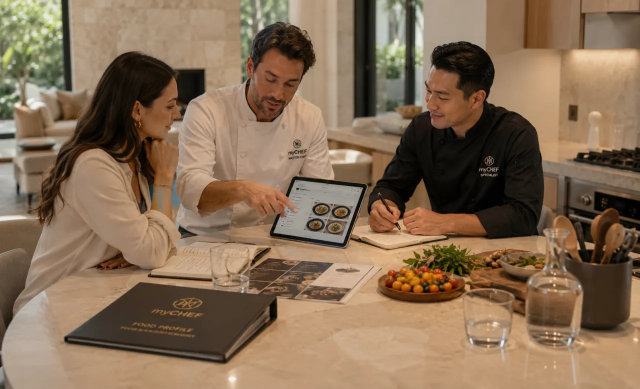 Chef’s hands preparing fish, vegetables and herbs on a limestone island beside a closed notebook and a blank tablet