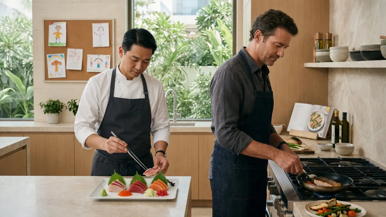 Household chef cooking a healthy pan dish beside a Japanese specialist plating sashimi in the same Dubai villa kitchen
