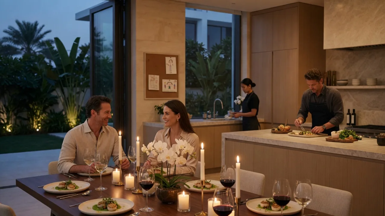 Private chef plating at the end of the island while an assistant closes down the range behind, one Dubai villa kitchen, two jobs